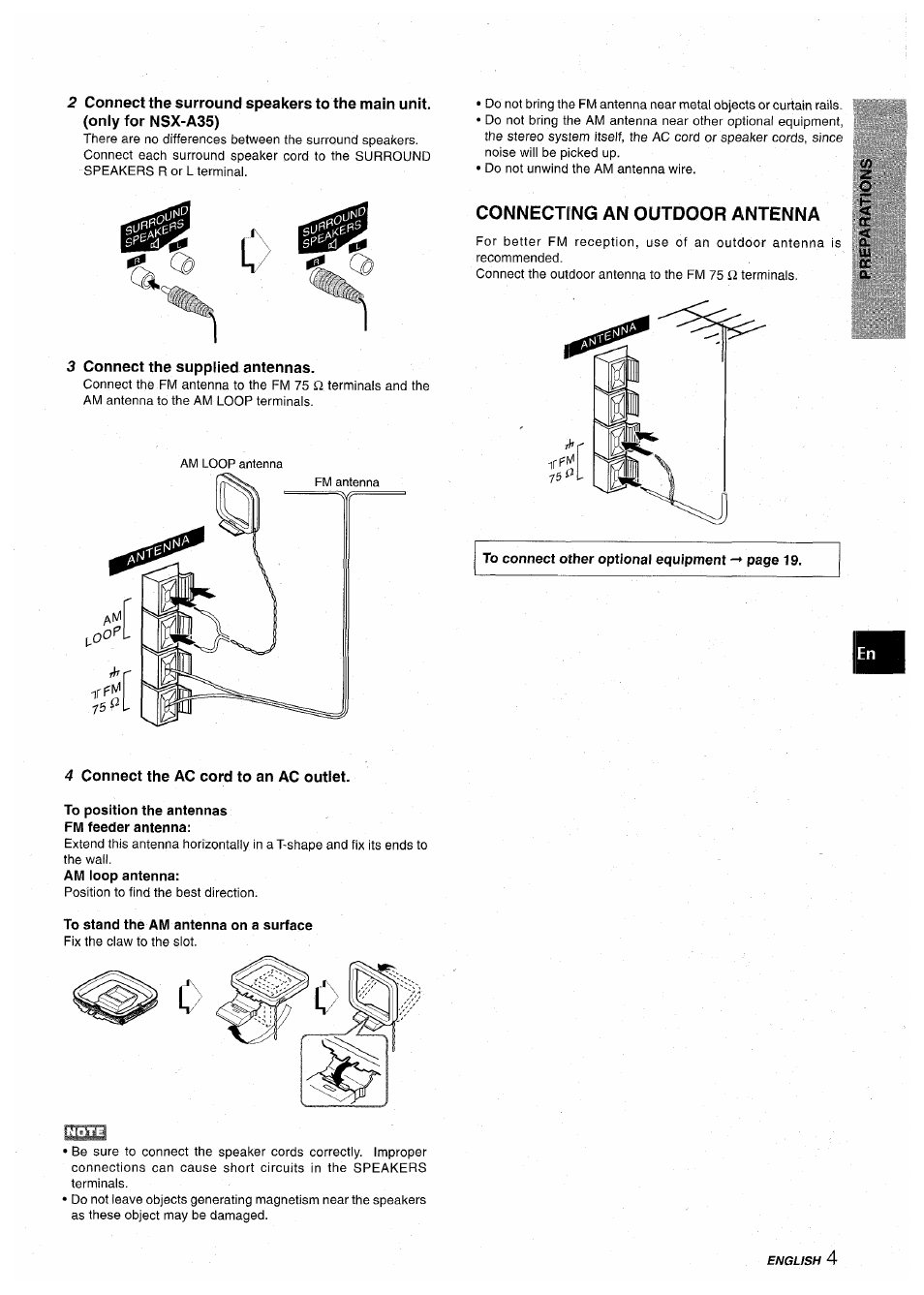 3 connect the supplied antennas, 4 connect the ac cord to an ac outlet, To position the antennas fm feeder antenna | Am loop antenna, To stand the am antenna on a surface, Connecting an outdoor antenna | Aiwa CX-NA30 User Manual | Page 5 / 68