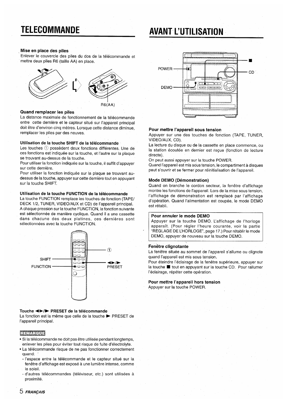 Avant l’utilisation, Mise en place des piles, Quand remplacer les piles | Utilisation de la touche shift de la télécommande, Pour mettre l’appareil sous tension, Mode demo (démonstration), Fenêtre clignotante, Pour mettre l’appareil hors tension, Touche preset de la télécommande, Telecommande avant l’utilisation | Aiwa CX-NA30 User Manual | Page 50 / 68