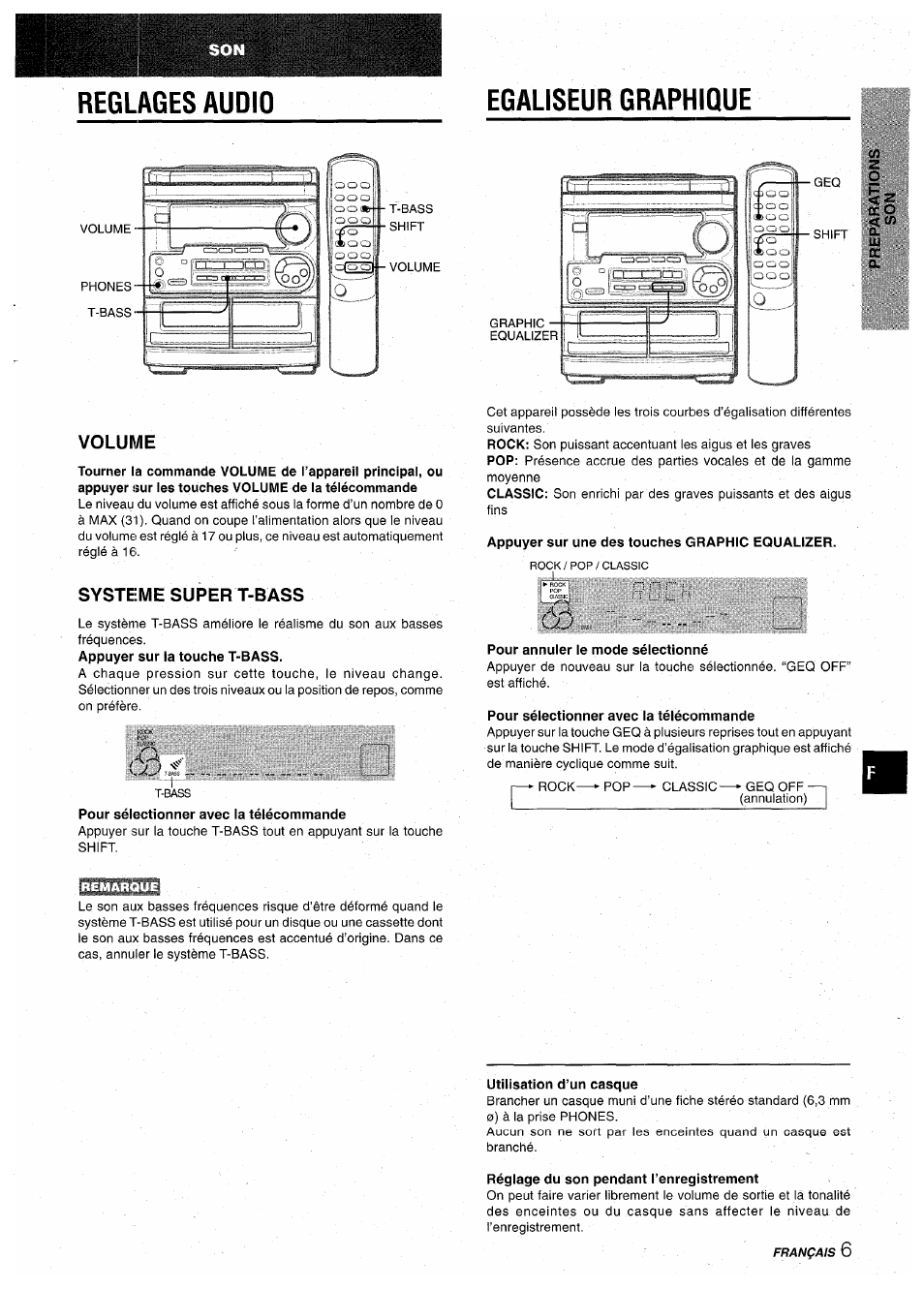 Egaliseur graphique, Appuyer sur une des touches graphic equalizer, Pour annuler le mode sélectionné | Pour sélectionner avec la télécommande, Utilisation d’un casque, Réglage du son pendant l’enregistrement, Reglages audio egaliseur graphique, Volume, Systeme super t-bass | Aiwa CX-NA30 User Manual | Page 51 / 68