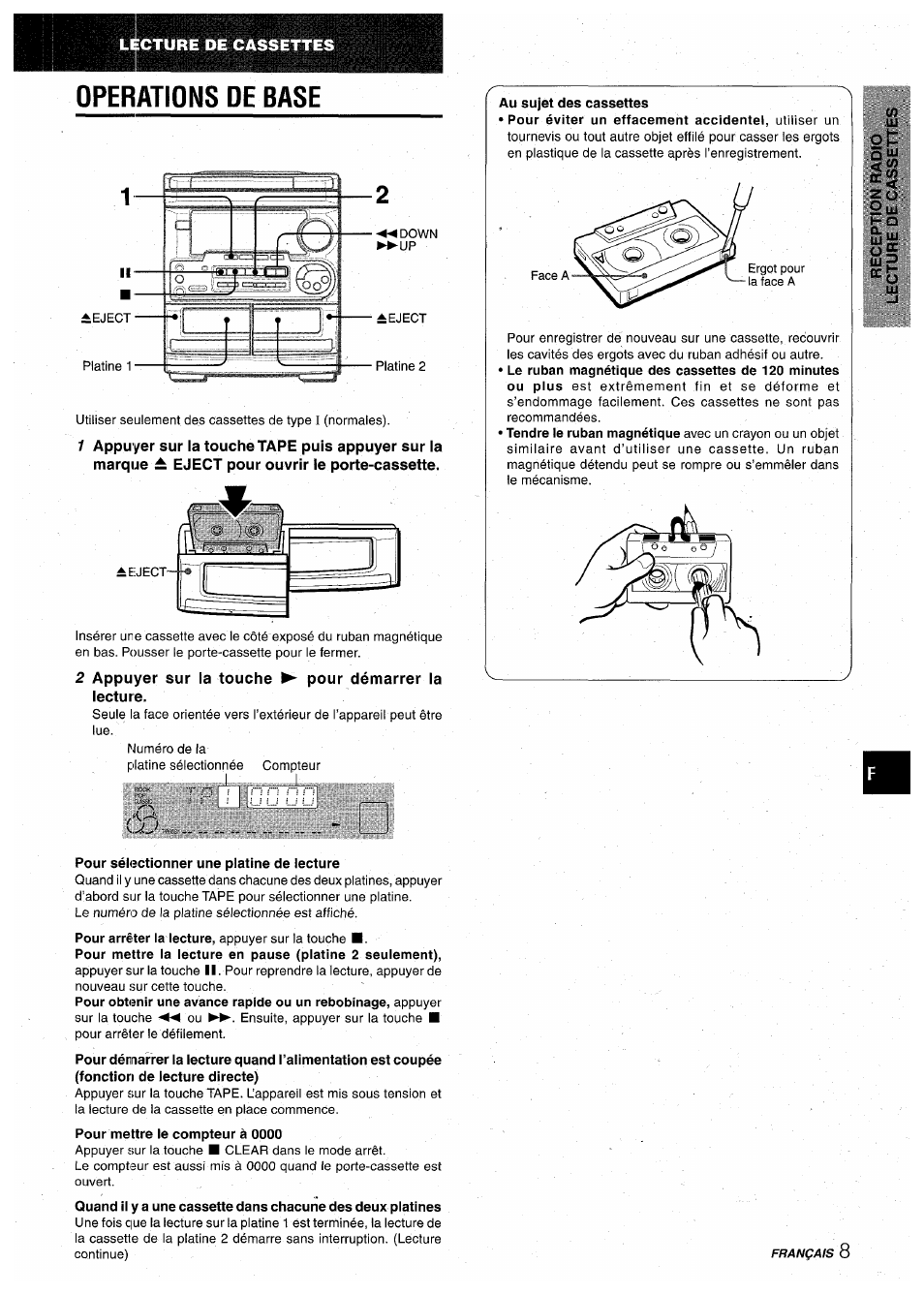 Operations de base, 2 appuyer sur la touche ► pour démarrer la lecture, Au sujet des cassettes | Pour sélectionner une platine de lecture | Aiwa CX-NA30 User Manual | Page 53 / 68