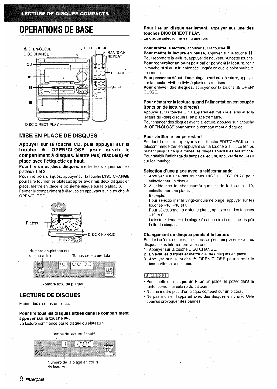 Operations de base, Pour vérifier le temps restant, Sélection d’une plage avec la télécommande | Changement de disques pendant la lecture, Éééüilüüliiié, Mise en place de disques, Lecture de disques | Aiwa CX-NA30 User Manual | Page 54 / 68