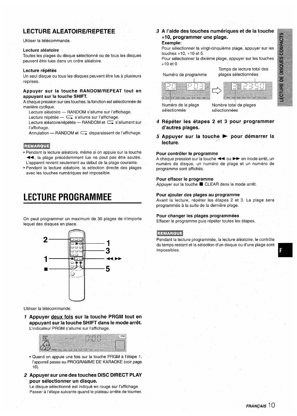 Lecture aléatoire, Lecture répétée, Lecture programmee | Pour contrôler le programme, Pour effacer le programme, Pour ajouter des plages au programme, Pour changer les plages programmées, Hi ii, Lecture aleatoire/repetee | Aiwa CX-NA30 User Manual | Page 55 / 68