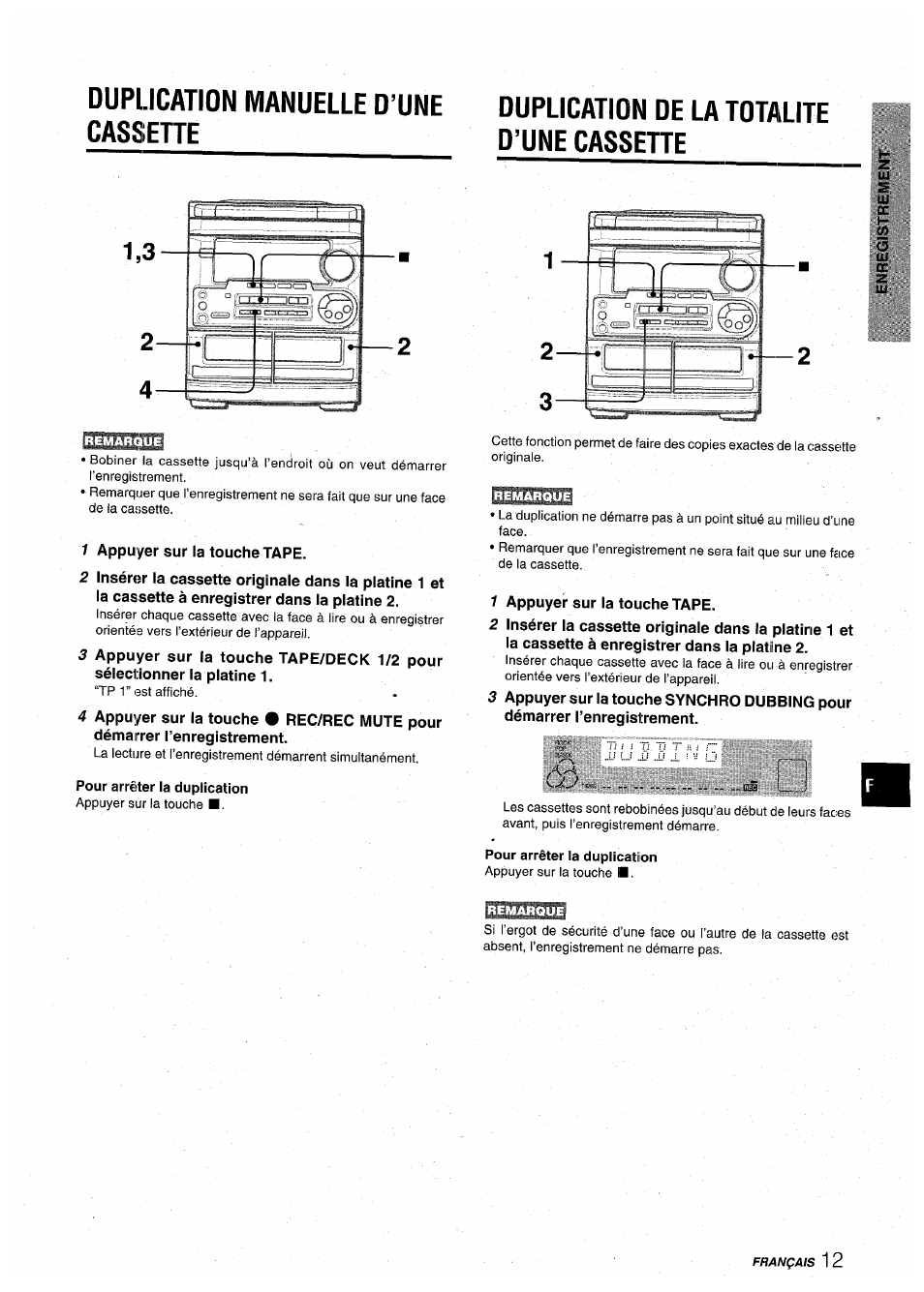 Duplication manuelle d’une cassette, 1 appuyer sur la touche tape, Pour arrêter la duplication | Duplication de la totalite d’une cassette, Iоl л | Aiwa CX-NA30 User Manual | Page 57 / 68