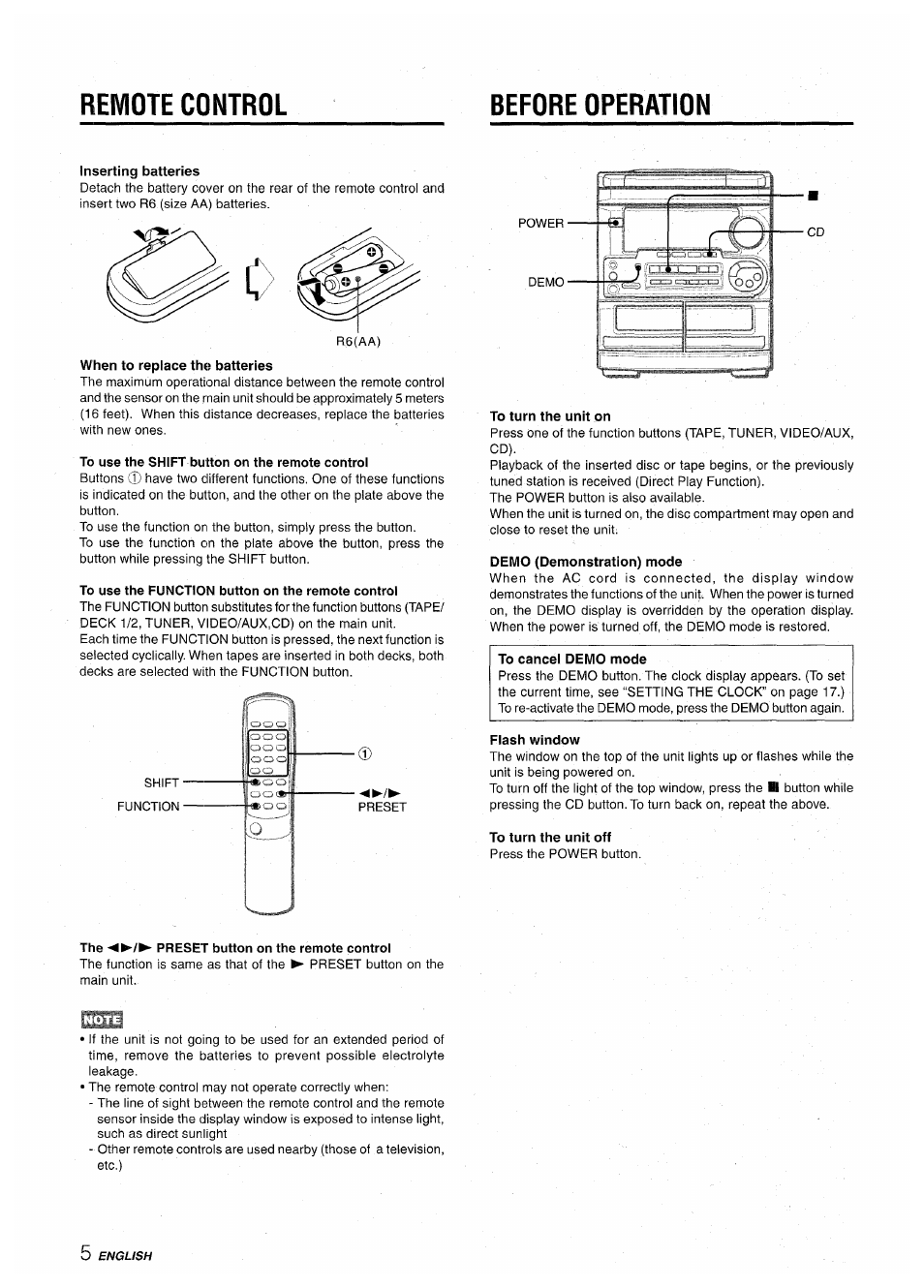 Remote control, Before operation, Remote control before operation | Aiwa CX-NA30 User Manual | Page 6 / 68