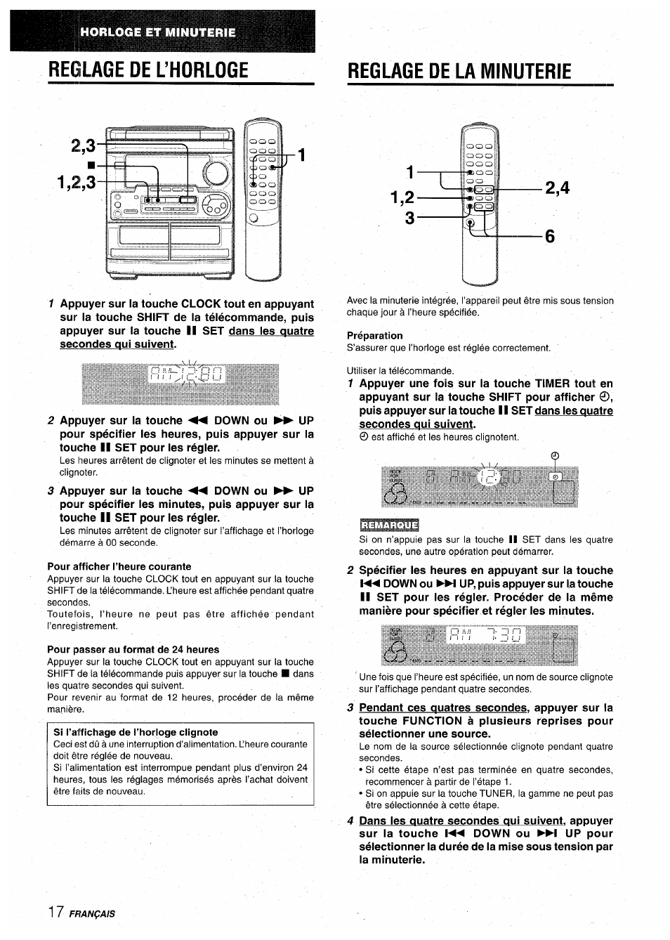 Reglage oe l’horloge, Reglage de la minuterie, Préparation | Pour afficher i’heure courante, Pour passer au format de 24 heures, Reglage oe l’horloge reglage de la minuterie | Aiwa CX-NA30 User Manual | Page 62 / 68