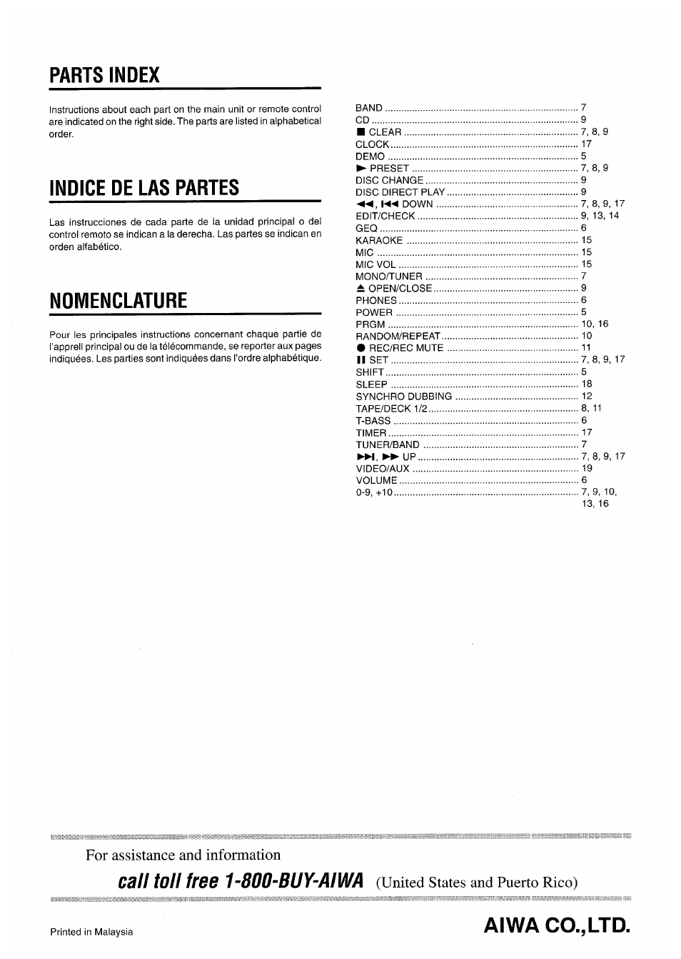 Parts index, Indice de las partes, Nomenclature | Aiwa co., ltd, Call toll free 1-800-buy-aiwa, For assistance and information, United states and puerto rico) | Aiwa CX-NA30 User Manual | Page 68 / 68