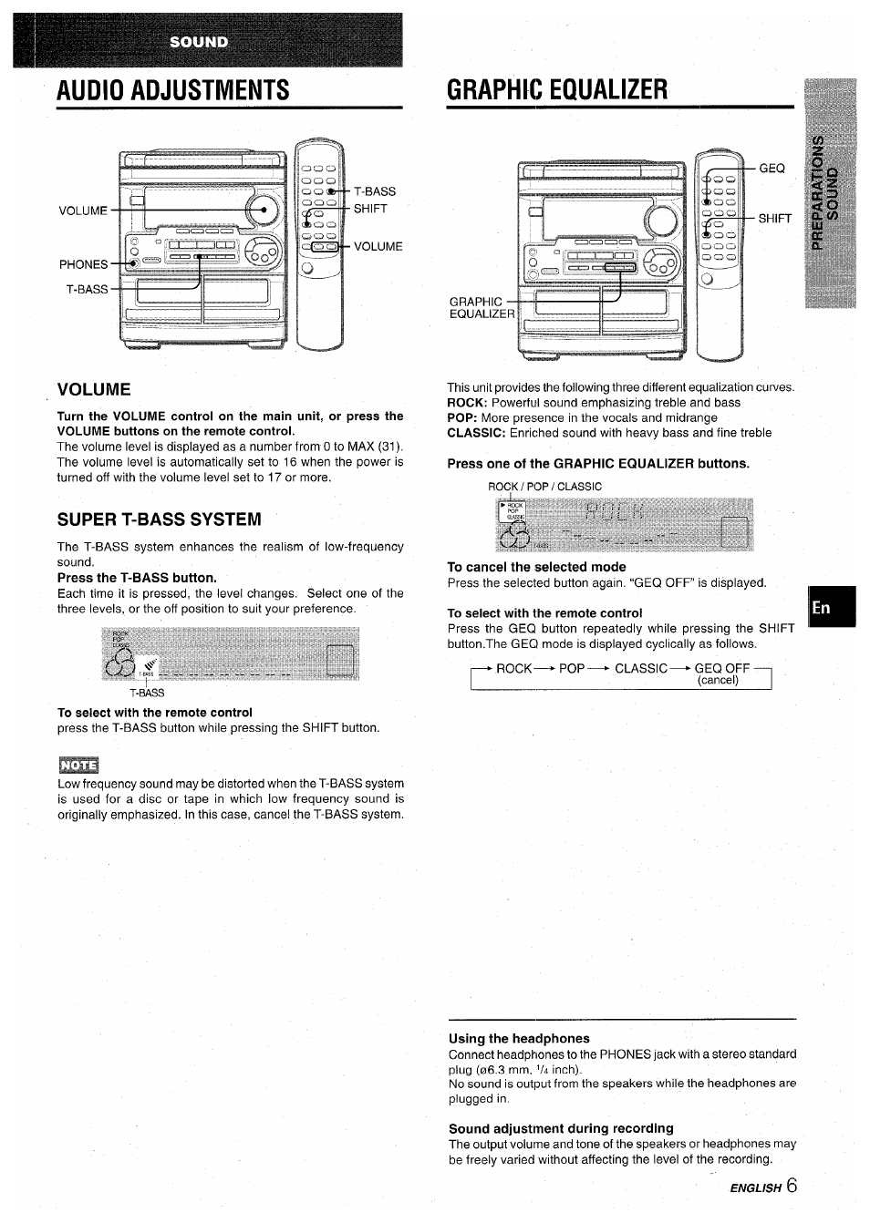 Audio adjustments, Graphic equalizer, Audio adjustments graphic equalizer | Volume, Super t-bass system | Aiwa CX-NA30 User Manual | Page 7 / 68