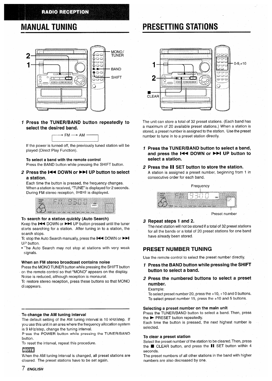 Presehing stations, To select a band with the remote control, To search for a station quickly (auto search) | When an fm stereo broadcast contains noise, To change the am tuning interval, Selecting a preset number on the main unit, To clear a preset station, Manual tuning presehing stations, Preset number tuning | Aiwa CX-NA30 User Manual | Page 8 / 68