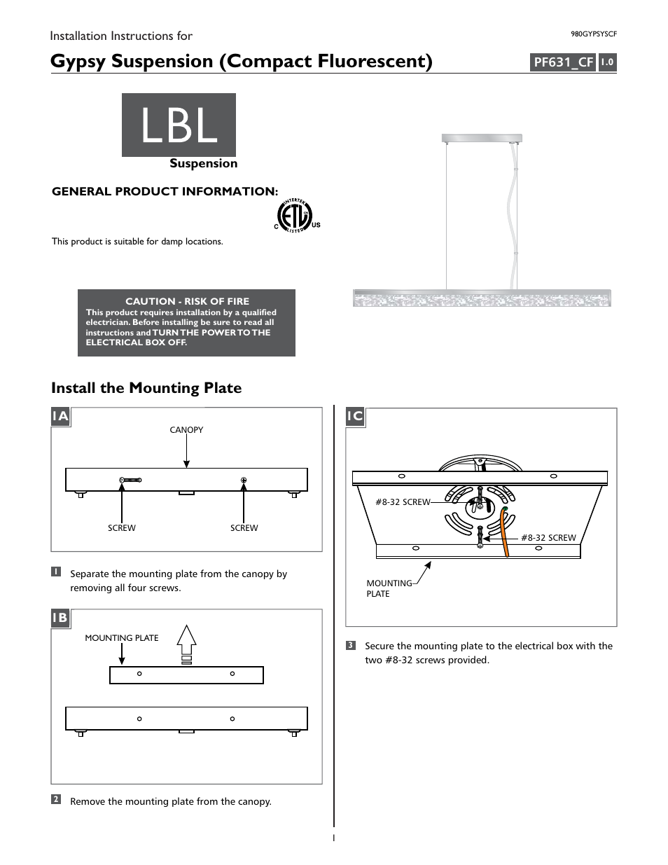 LBL Lighting Gypsy SCF User Manual | 4 pages