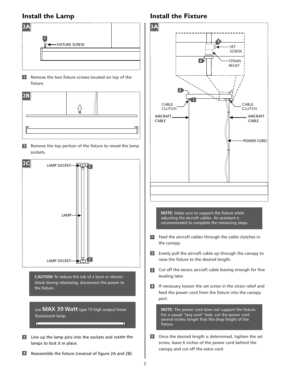 Install the fixture, Install the lamp, 2b 2a | Max 39 watt | LBL Lighting Gypsy SCF User Manual | Page 2 / 4