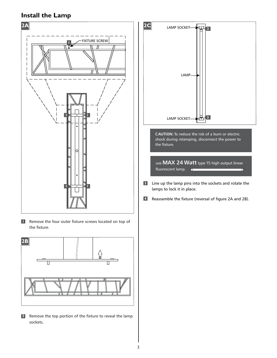 Install the lamp, 2b 2a, Max 24 watt | LBL Lighting Derby Rectangular S User Manual | Page 2 / 4