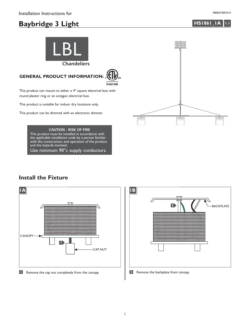 LBL Lighting Baybridge 5 Light Chandelier CH User Manual | 4 pages