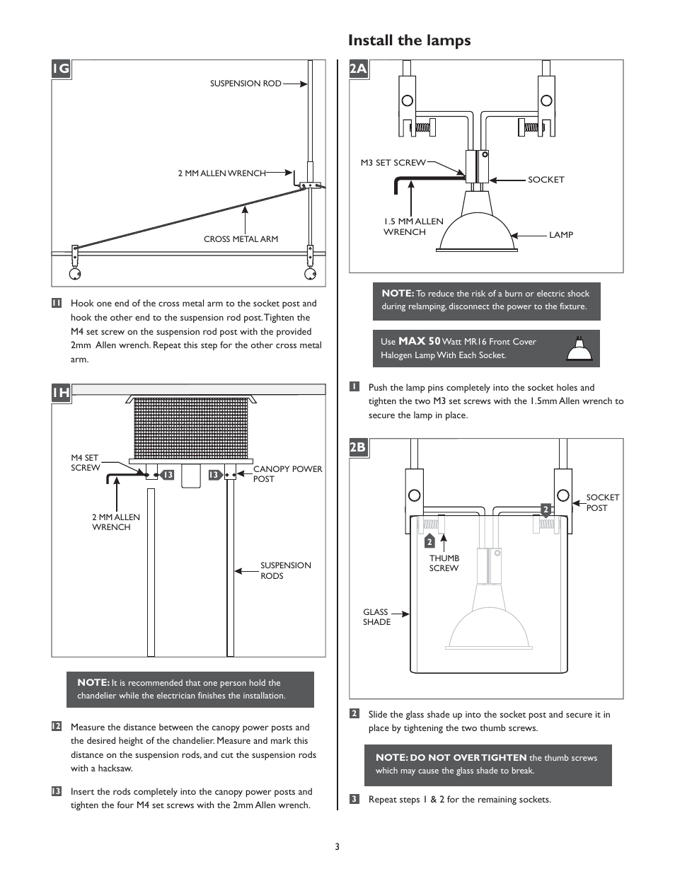 Install the lamps, 1g 1h, 2a 2b | LBL Lighting Baybridge 5 Light Chandelier CH User Manual | Page 3 / 4