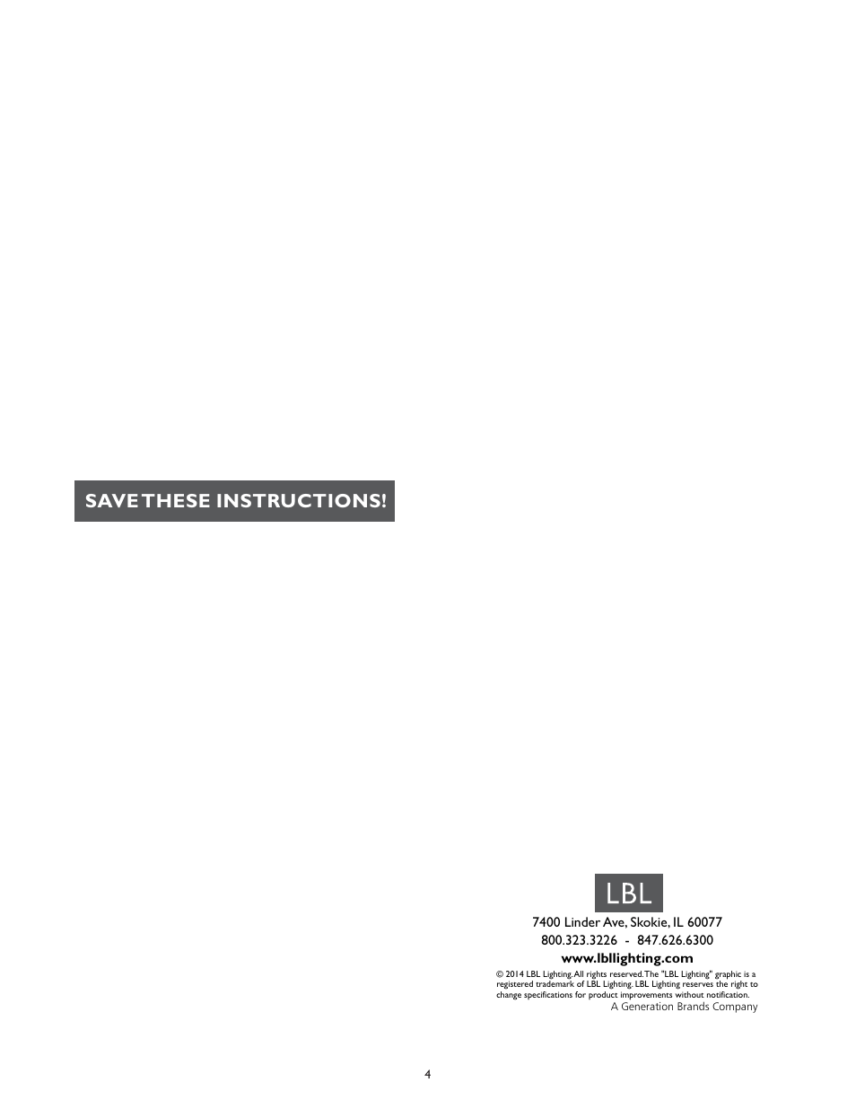 Save these instructions | LBL Lighting Baybridge 5 Light Chandelier CH User Manual | Page 4 / 4