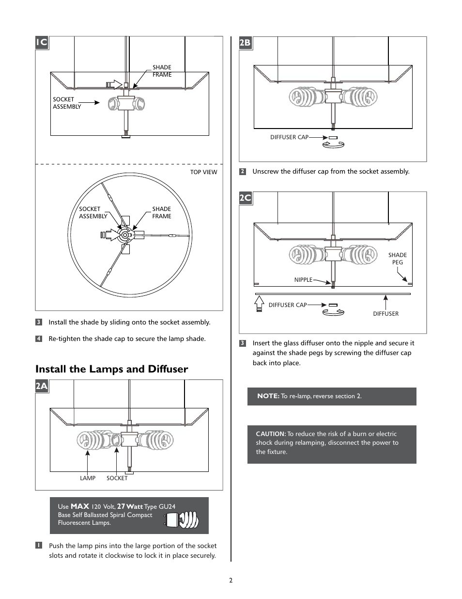Install the lamps and diffuser, 2b 2c | LBL Lighting Glama SCF User Manual | Page 2 / 4