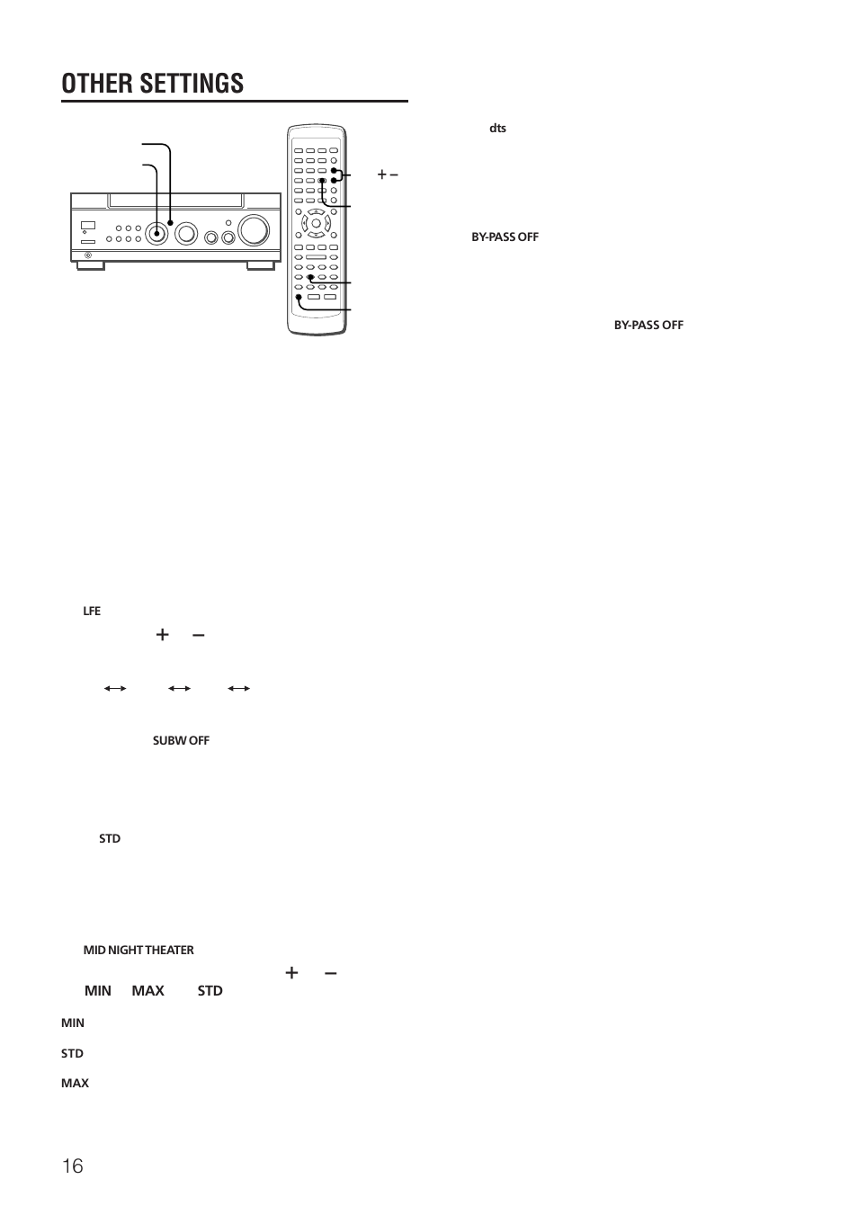 Other settings, Adjusting low frequency sound effect (lfe), Adjusting dynamic range | Aiwa AV-NW31 User Manual | Page 16 / 20