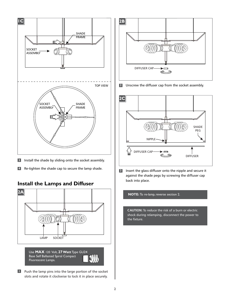 Install the lamps and diffuser, 2b 2c | LBL Lighting Elba SCF User Manual | Page 2 / 4