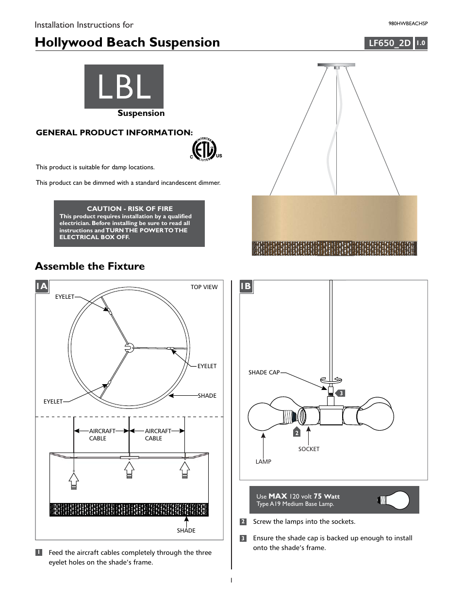 LBL Lighting Hollywood Beach SP User Manual | 2 pages