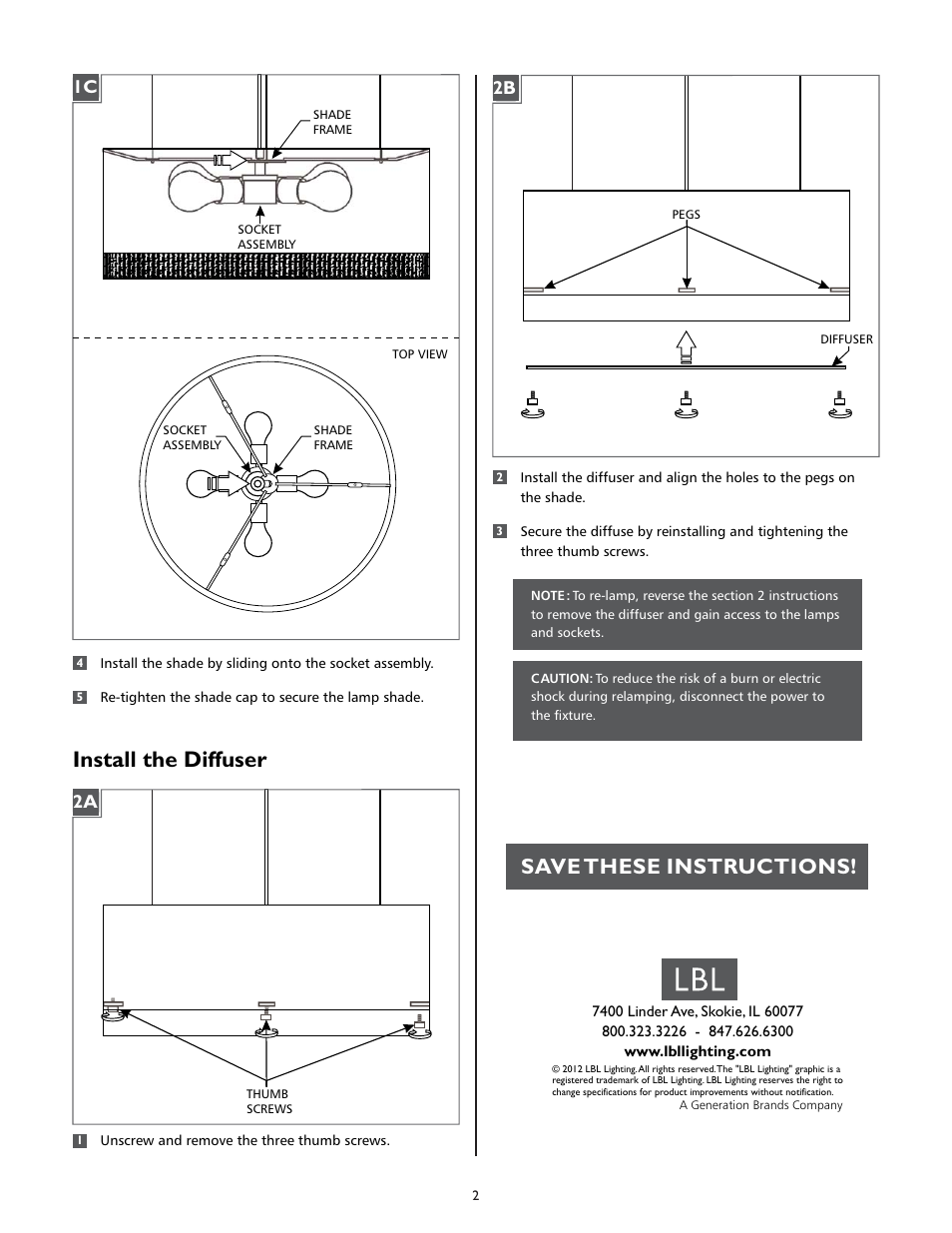 Install the diffuser, Save these instructions | LBL Lighting Hollywood Beach SP User Manual | Page 2 / 2