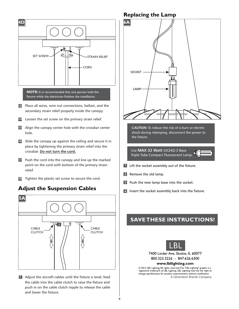 Replacing the lamp, Adjust the suspension cables, Save these instructions | LBL Lighting Chicago Jazz SCF User Manual | Page 4 / 4