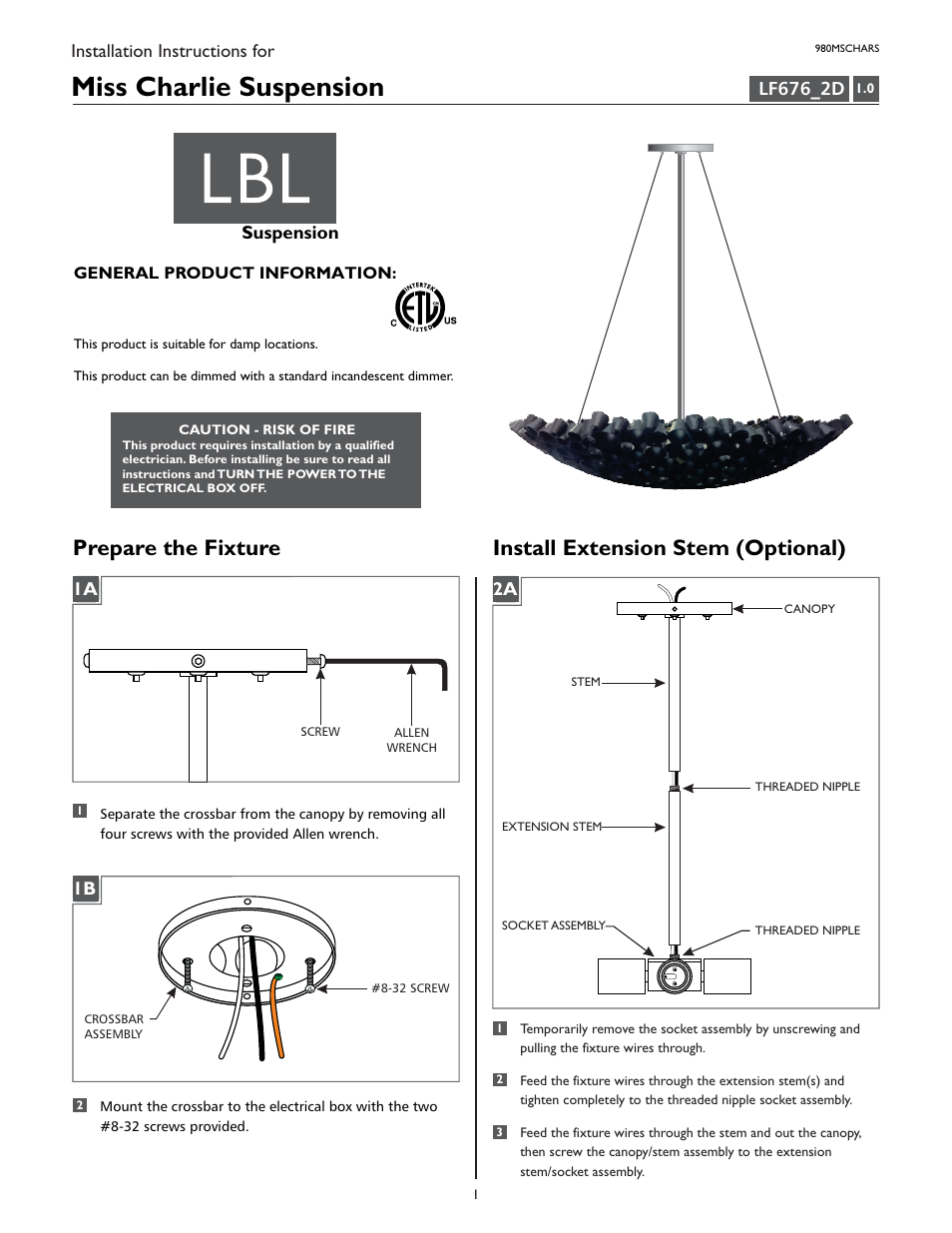 LBL Lighting Miss Charlie User Manual | 2 pages
