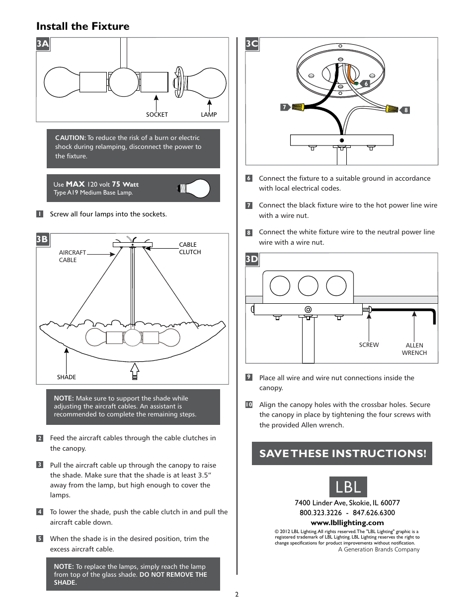 Install the fixture, Save these instructions | LBL Lighting Miss Charlie User Manual | Page 2 / 2