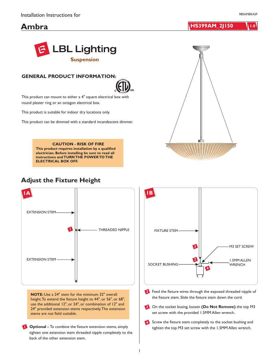 LBL Lighting Ambra SP User Manual | 4 pages