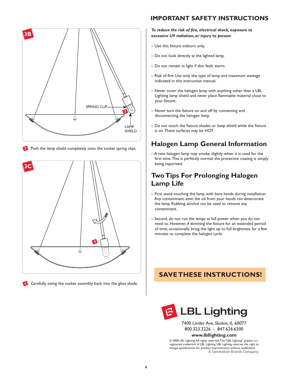 Halogen lamp general information, Two tips for prolonging halogen lamp life, Save these instructions | Important safety instructions | LBL Lighting Ambra SP User Manual | Page 4 / 4