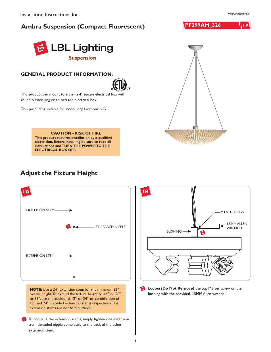 LBL Lighting Ambra SPCF User Manual | 4 pages