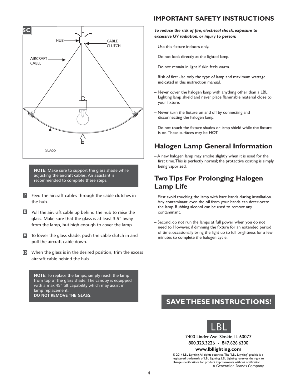 Halogen lamp general information, Two tips for prolonging halogen lamp life, Save these instructions | Important safety instructions | LBL Lighting Veneto SP User Manual | Page 4 / 4