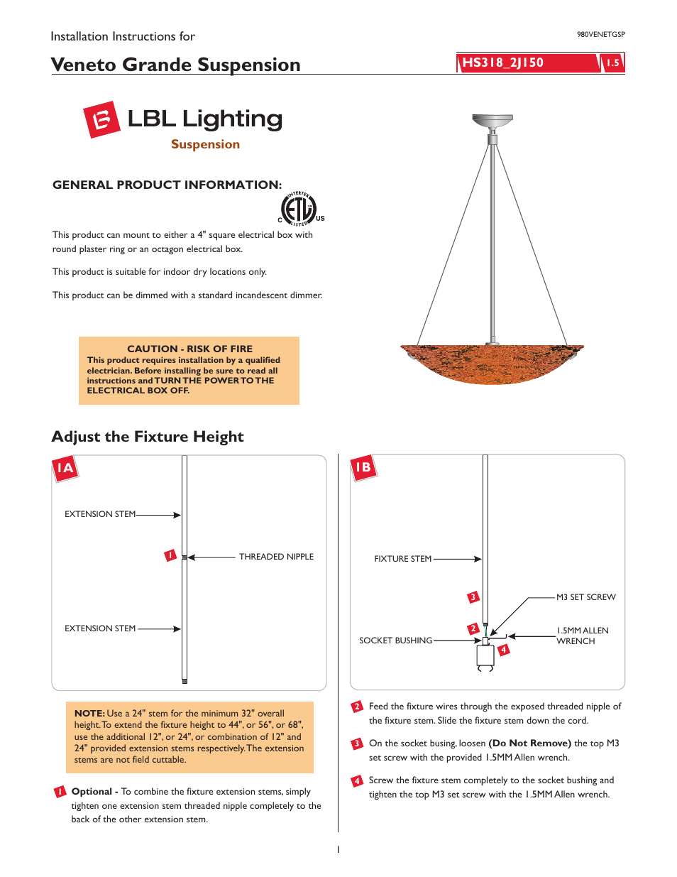 LBL Lighting Veneto Grande SP User Manual | 4 pages