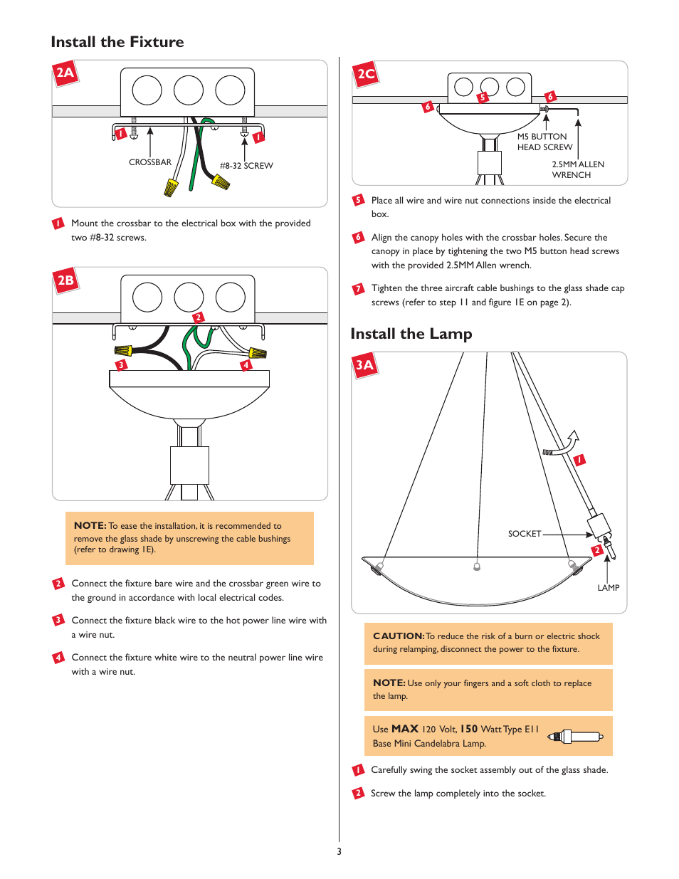 Install the fixture, Install the lamp | LBL Lighting Veneto Grande SP User Manual | Page 3 / 4