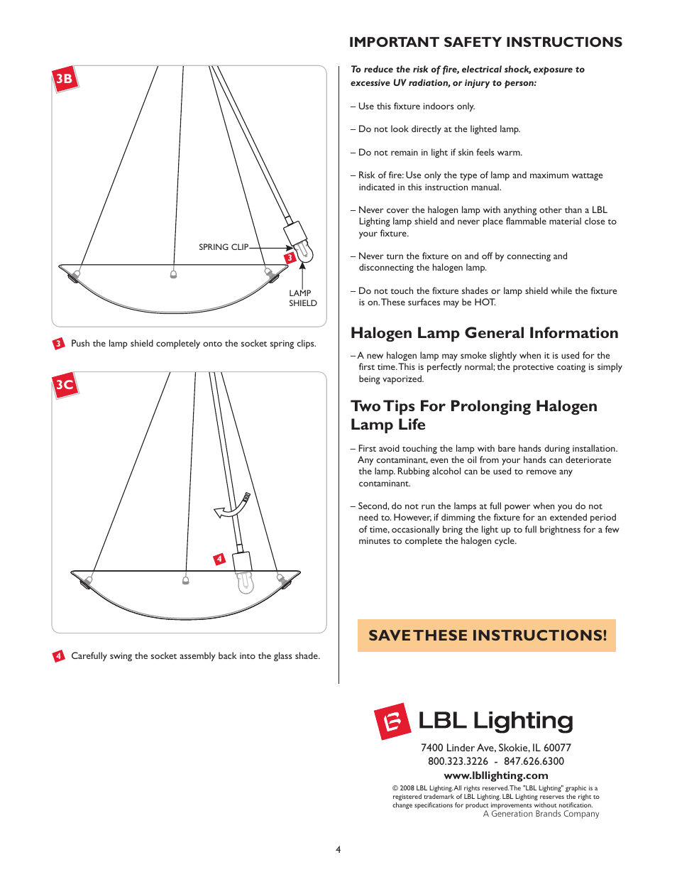 Halogen lamp general information, Two tips for prolonging halogen lamp life, Save these instructions | Important safety instructions | LBL Lighting Veneto Grande SP User Manual | Page 4 / 4