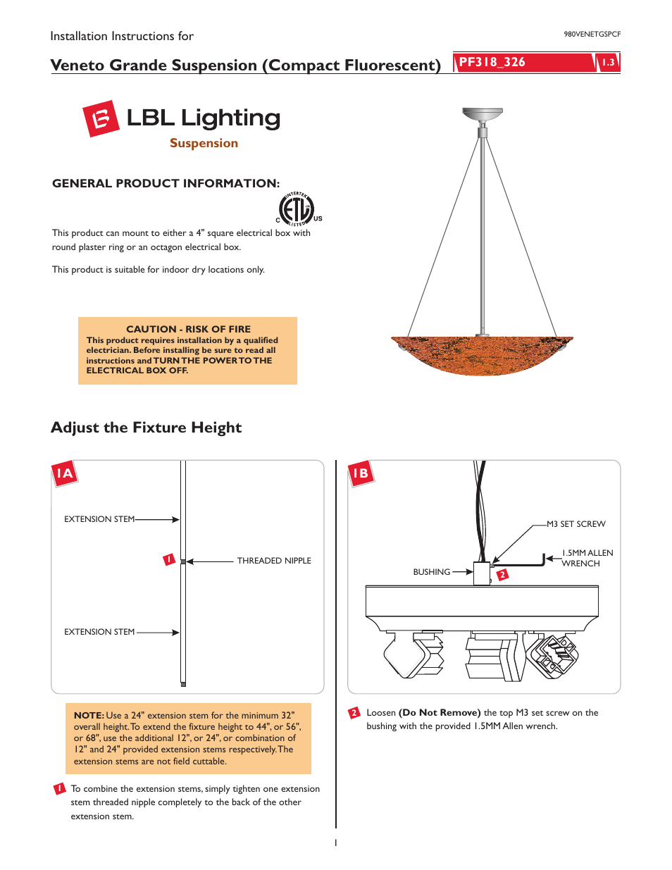 LBL Lighting Veneto Grande SPCF User Manual | 4 pages