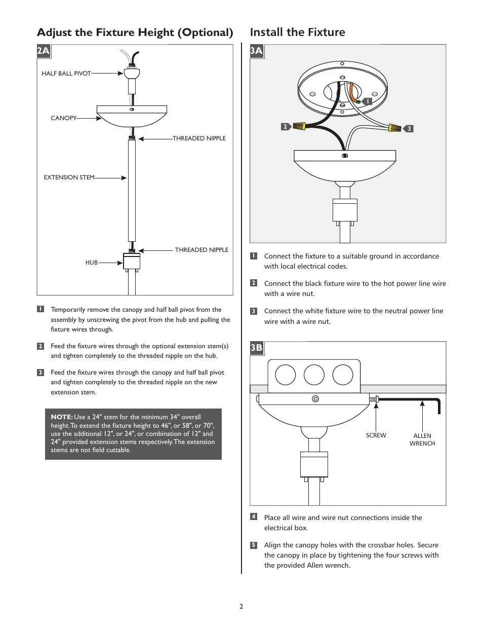 Adjust the fixture height (optional), Install the fixture, 3a 2a | LBL Lighting Veneto Venti SP User Manual | Page 2 / 4