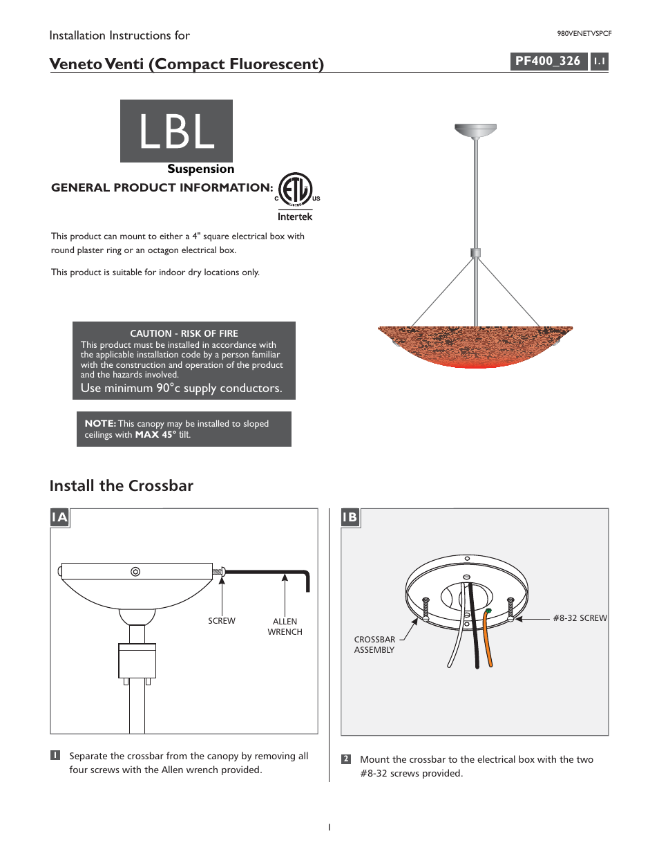 LBL Lighting Veneto Venti SPCF User Manual | 4 pages