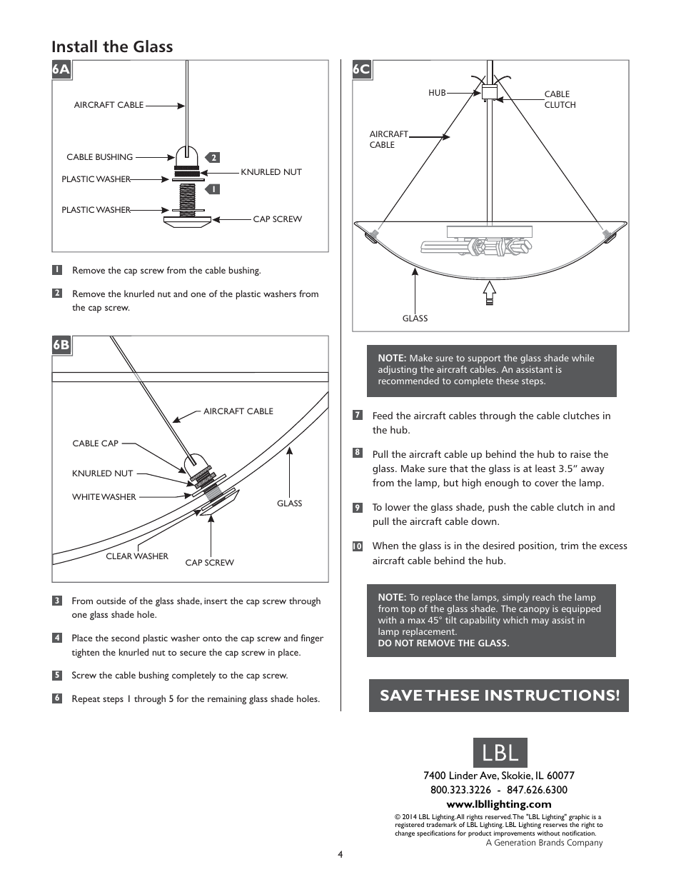 Install the glass, Save these instructions, 6a 6b | LBL Lighting Veneto Venti SPCF User Manual | Page 4 / 4