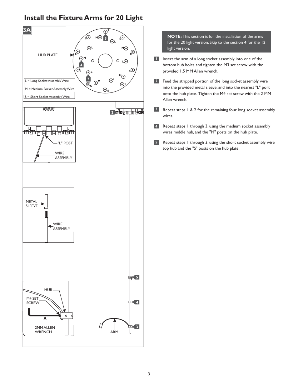 Install the fixture arms for 20 light | LBL Lighting Twilight 20 Chandelier User Manual | Page 3 / 8