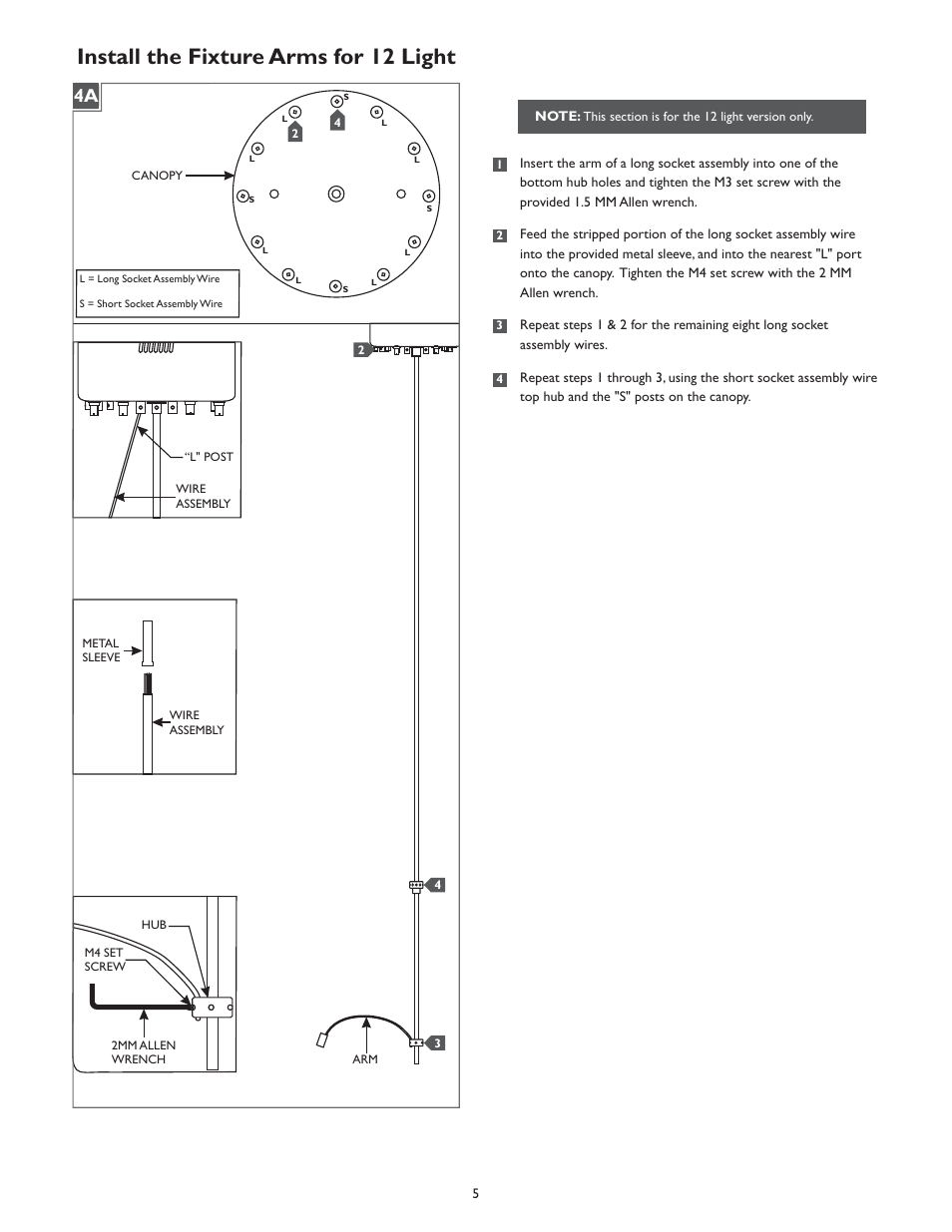 Install the fixture arms for 12 light | LBL Lighting Twilight 20 Chandelier User Manual | Page 5 / 8