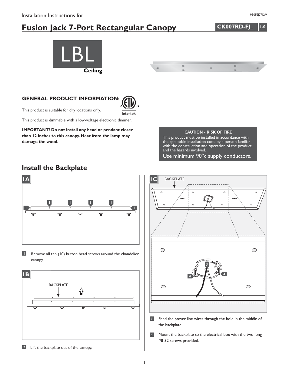 LBL Lighting Fusion Jack Wood Canopy 7 Light Rectangle LED User Manual | 4 pages