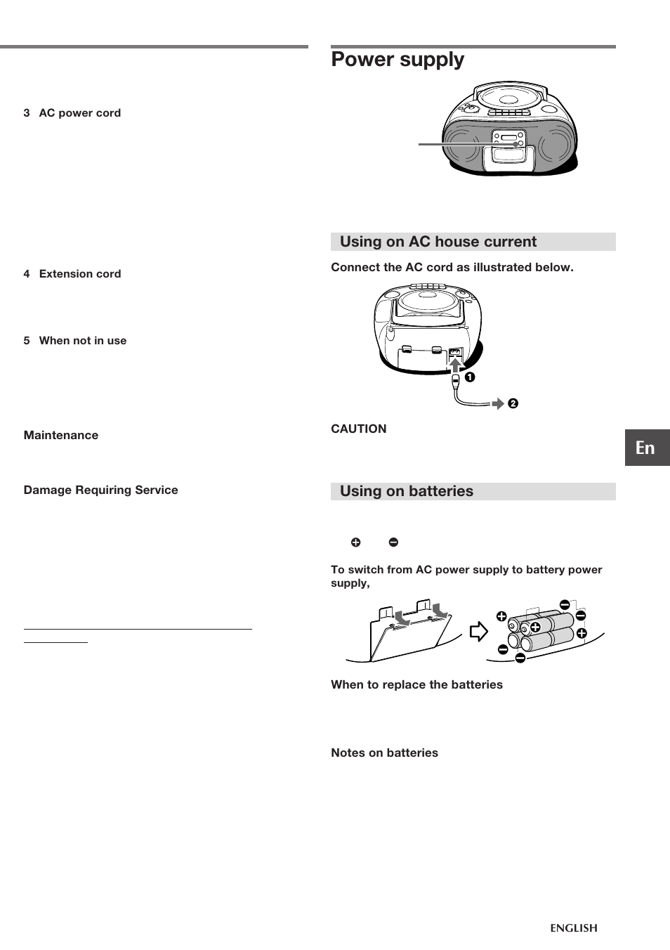 Power supply, Using on ac house current, Using on batteries | Aiwa CSD-TD310 User Manual | Page 3 / 10