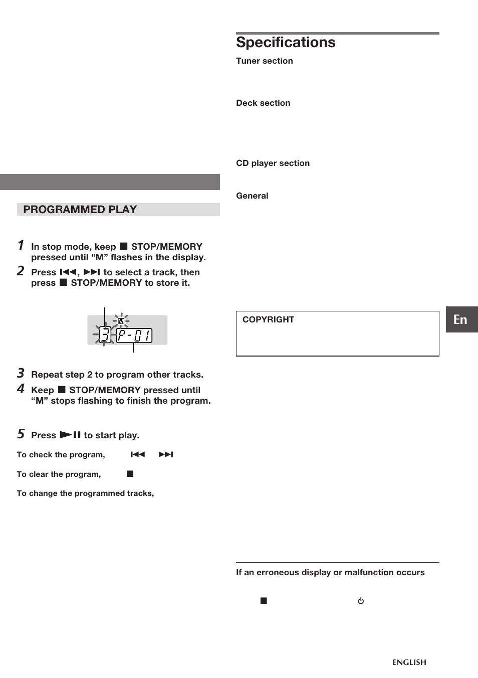 Specifications, Programmed play | Aiwa CSD-TD310 User Manual | Page 7 / 10
