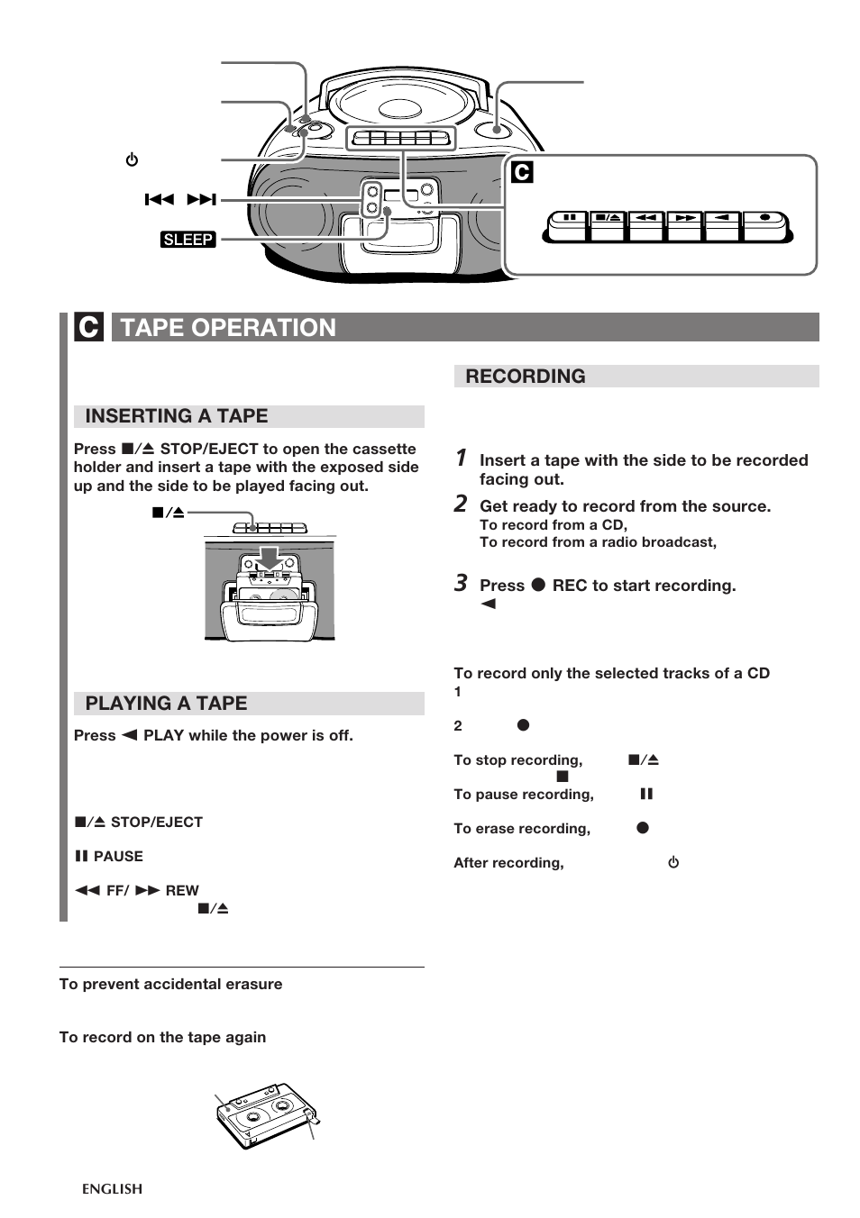 Tape operation, Inserting a tape, Playing a tape | Recording | Aiwa CSD-TD310 User Manual | Page 8 / 10