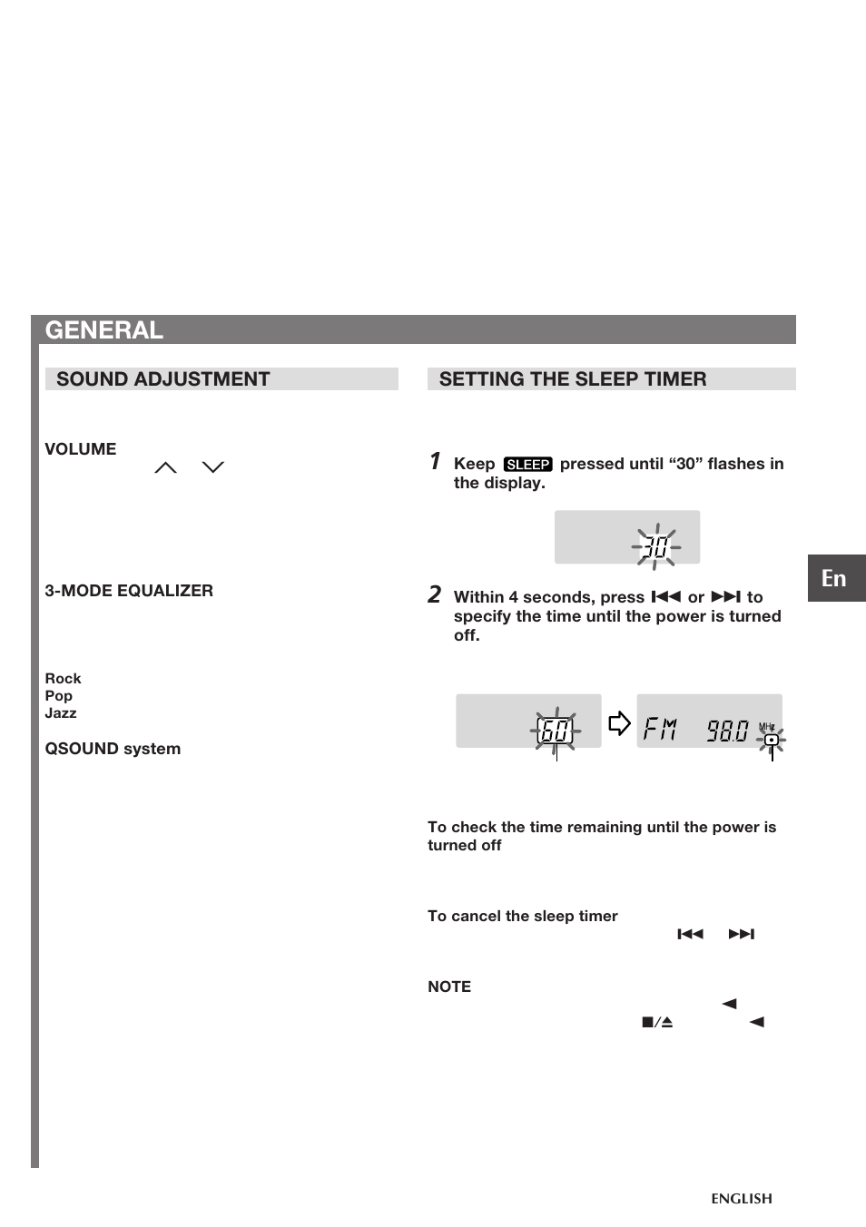 General, Setting the sleep timer, Sound adjustment | Aiwa CSD-TD310 User Manual | Page 9 / 10