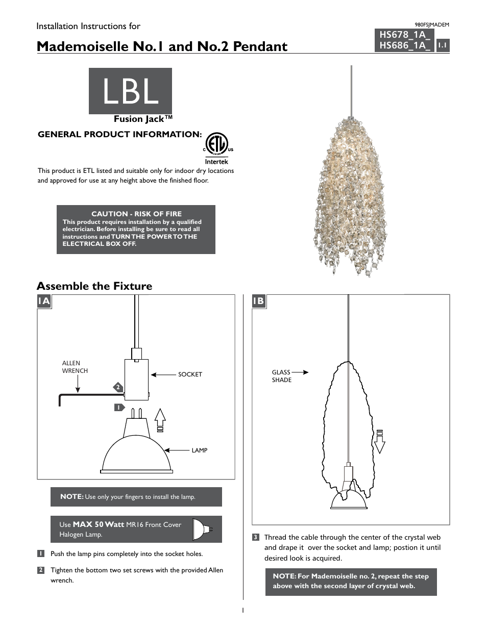 LBL Lighting Mademoiselle No. 2 User Manual | 4 pages