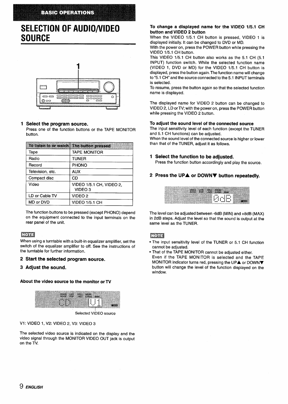 Selection of audio/video source, 1 select the program source, To adjust the sound level of the connected source | 1 select the function to be adjusted, 2 press the upa or downt button repeatedly, 2 start the selected program source, 3 adjust the sound, About the video source to the monitor or tv | Aiwa AV-D25 User Manual | Page 10 / 56