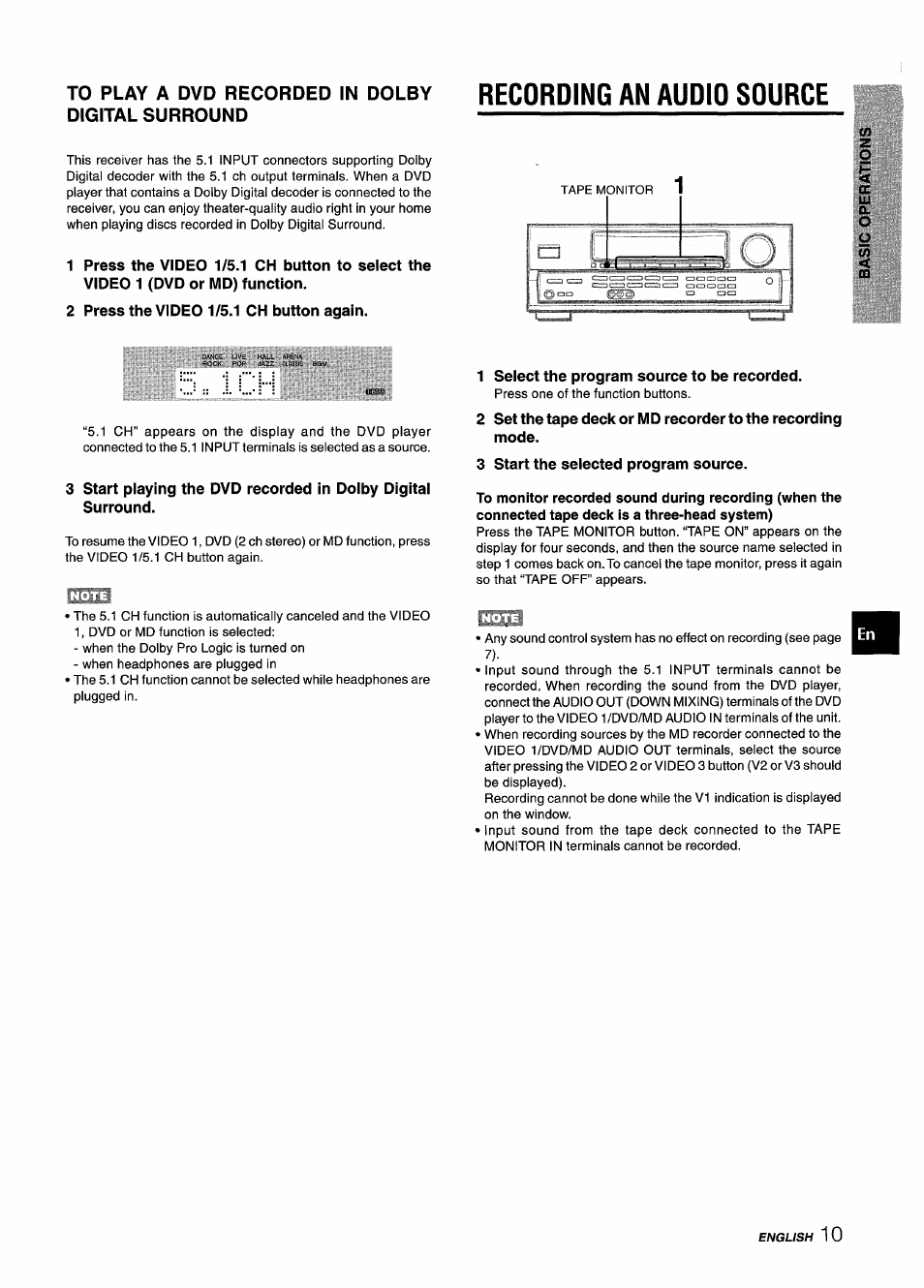 To play a dvd recorded in dolby digital surround, 2 press the video 1/5.1 ch button again, Recording an audio source | 1 select the program source to be recorded, 3 start the selected program source | Aiwa AV-D25 User Manual | Page 11 / 56