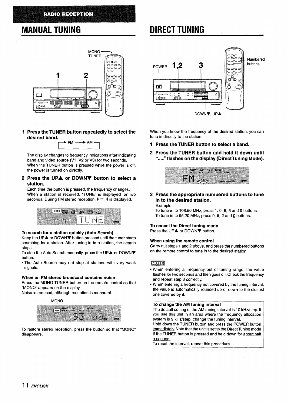 Manual tuning, Direct tuning, To search for a station quickly (auto search) | When an fm stereo broadcast contains noise, 1 press the tuner button to select a band, To cancel the direct tuning mode, When using the remote control, Manual tuning direct tuning | Aiwa AV-D25 User Manual | Page 12 / 56