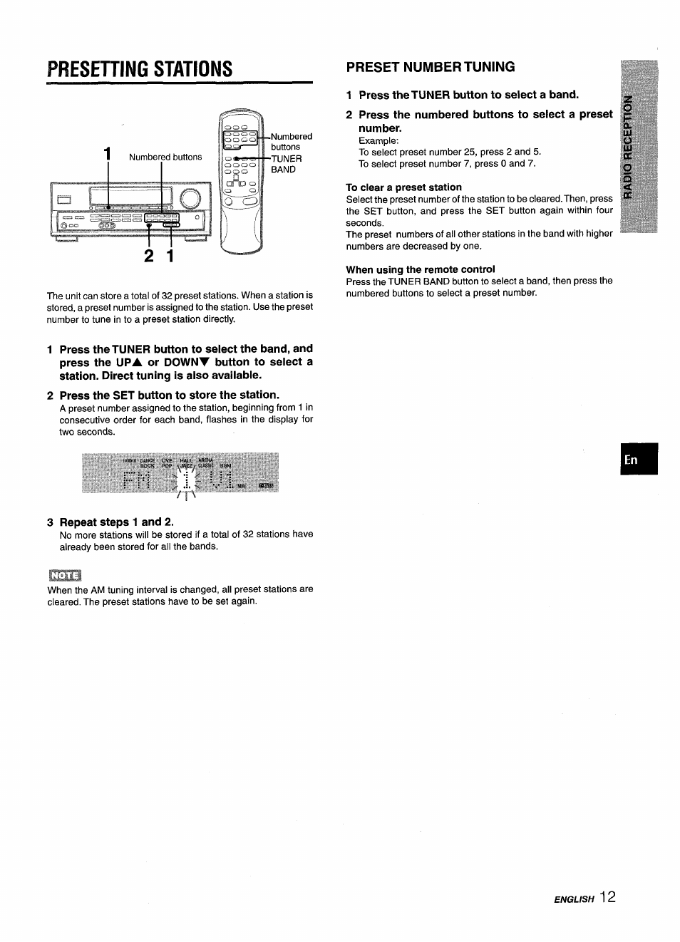 1 press the tuner button to select a band, To clear a preset station, When using the remote controi | 2 press the set button to store the station, 3 repeat steps 1 and 2, Presening stations, Preset number tuning | Aiwa AV-D25 User Manual | Page 13 / 56