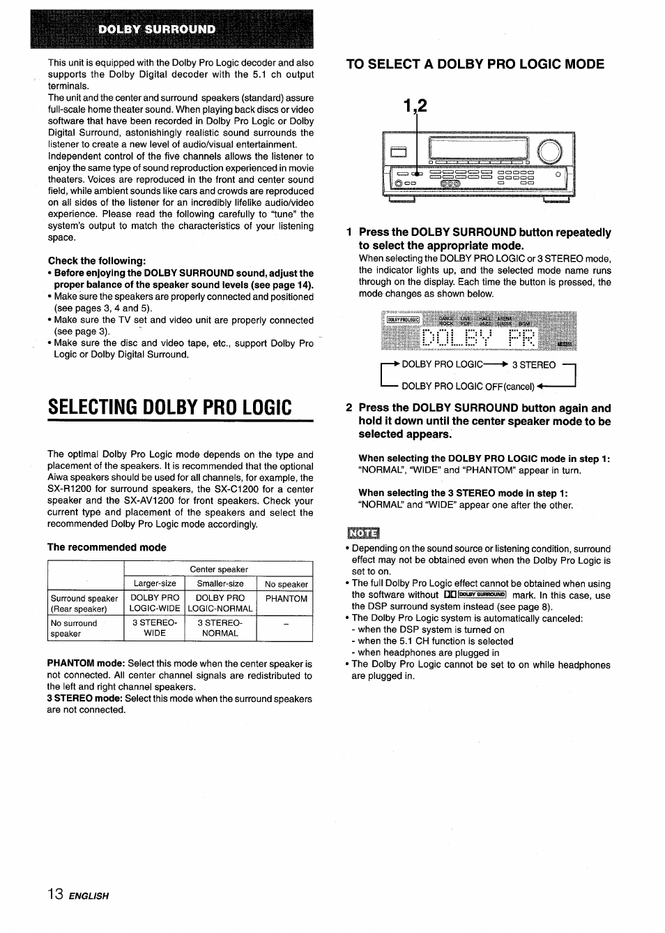 Check the following, Selecting dolby pro logic, The recommended mode | To select a dolby pro logic mode, When selecting the dolby pro logic mode in step 1, When selecting the 3 stereo mode in step 1 | Aiwa AV-D25 User Manual | Page 14 / 56